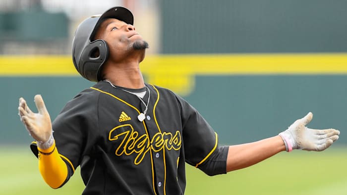 Grambling Tigers left fielder Trevor Hatton after a two-run homer Tuesday, Feb. 21, 2023, at Baum-Walker against the Arkansas Razorbacks.